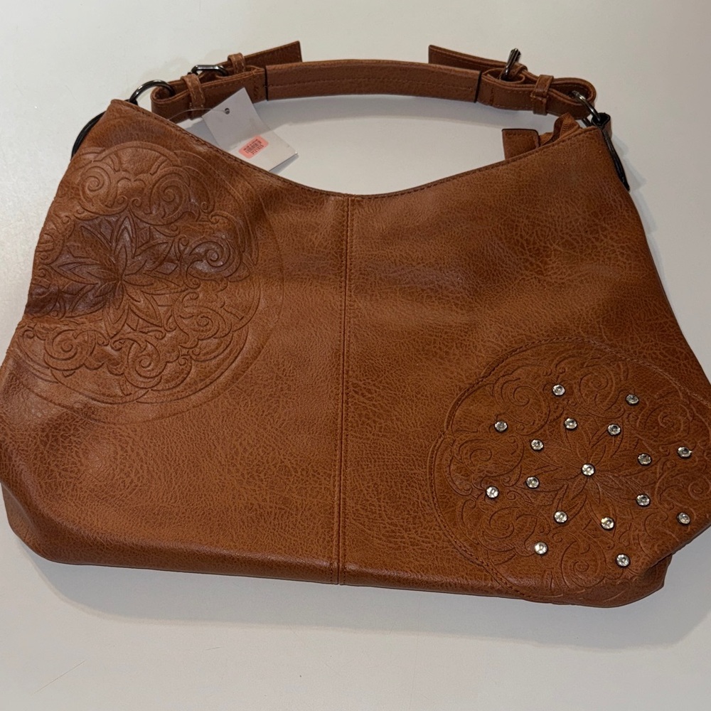 Brown Faux Leather Hobo Bag W/ Embossed Mandela like Design & Rhinestones NWT